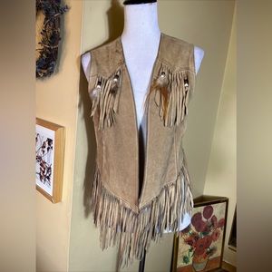 Vtg Brown Suede Leather Vest sz OSFA BoHo Western Cowboy  Bead & Fringe Festival